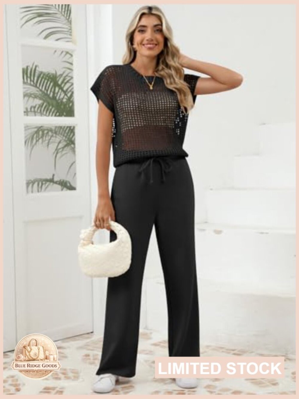 Crochet Sheer Knit Sweater Top Wide Leg Pants Lounge Set Casual Elegant - Picture 6 of 7